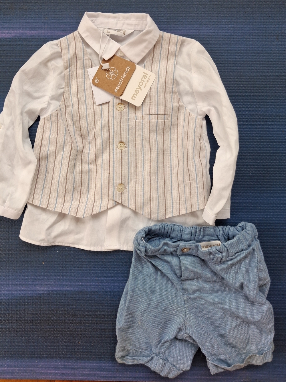 Mayoral White Shirt with Beige-Striped Vest & Light Blue Shorts